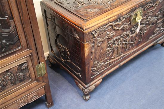 A Chinese carved hongmu chest, late 19th/early 20th century, W.3ft 6in. D.1ft 10in. H.2ft 3in.